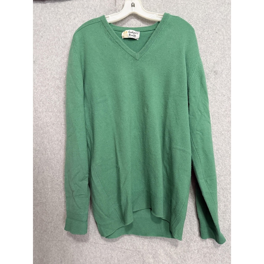 Vintage Pringle Sweater Mens XL Green 100% Cashmere V Neck Knit Scotland